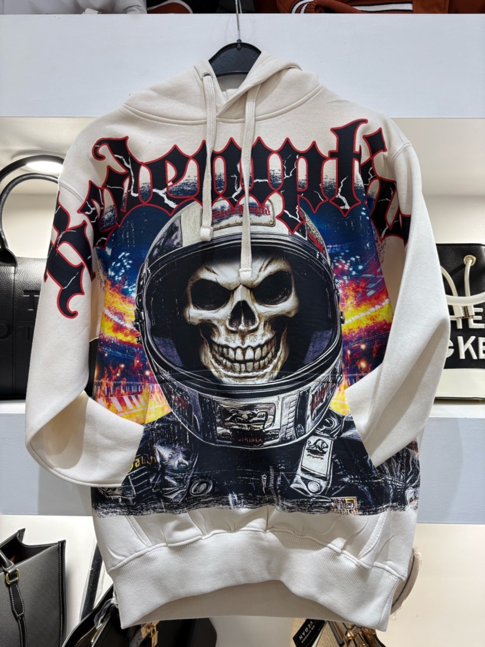 Graphic Skull Helmet Hoodie with REDEMPTION print- Cream